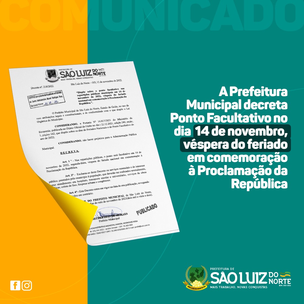 Prefeitura publica decreto que dispõe sobre feriados e pontos facultativos